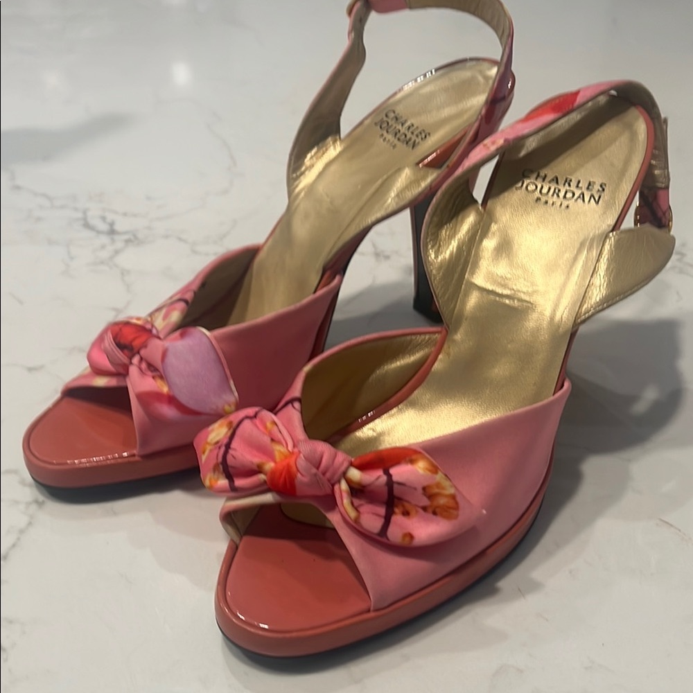 Charles Jourdan Silk and Patent Leather Open  Toe 3.75” Women's Heels